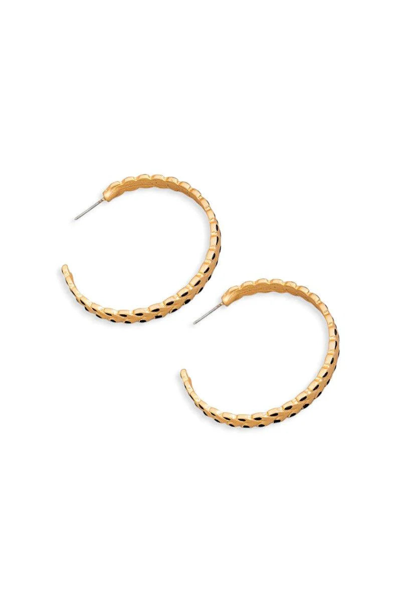 Coated Leaf Accent Metallic Chevron Hoop Earrings