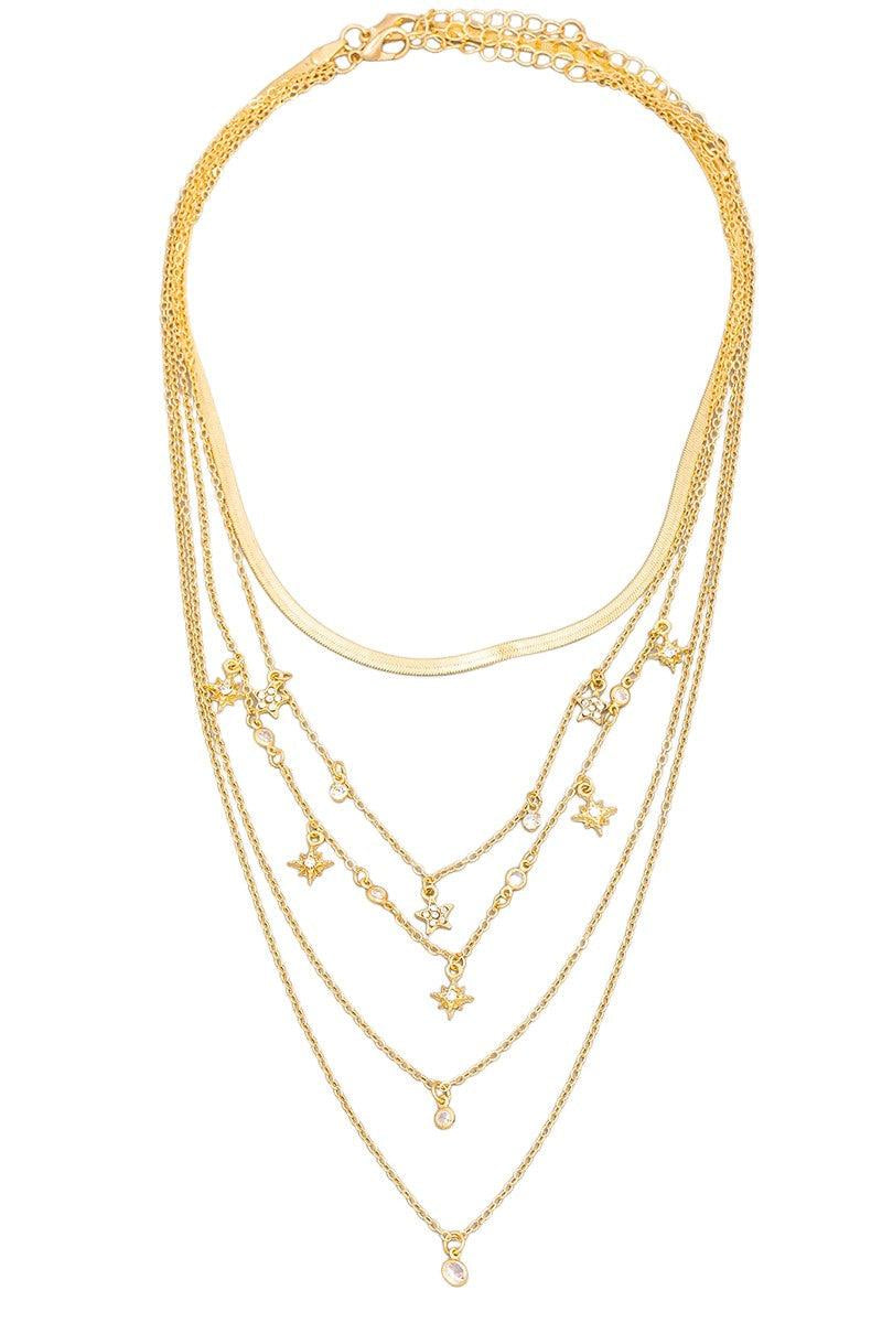 Multi Layered Chain Rhinestone Star Station Necklace