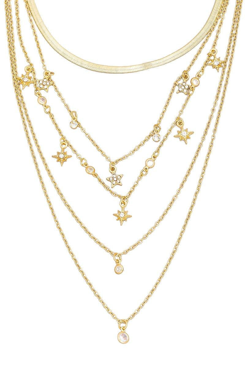 Multi Layered Chain Rhinestone Star Station Necklace