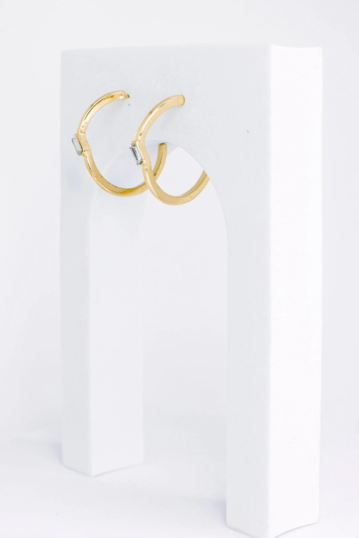 Baguette Rhinestone round Open Hoop Gold Earrings