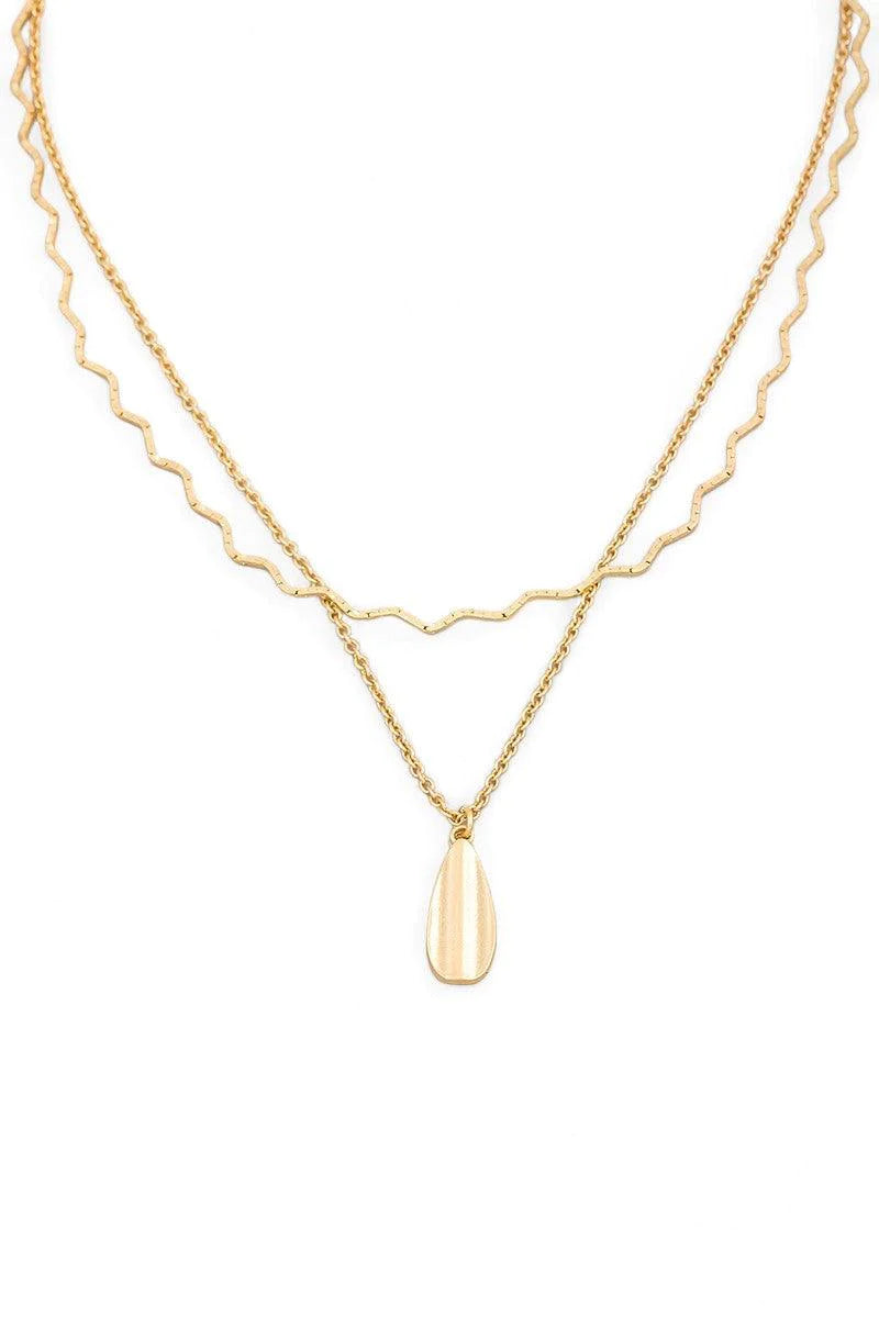 Two Layer Gold Flat Teardrop Pendant Wavy Necklace