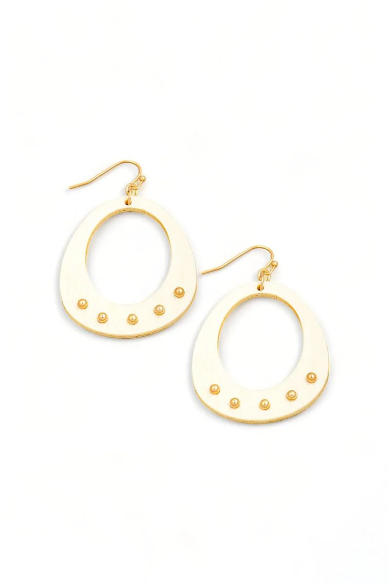 Retro Wooden Circle Cutout Metal Studs Drop Earrings